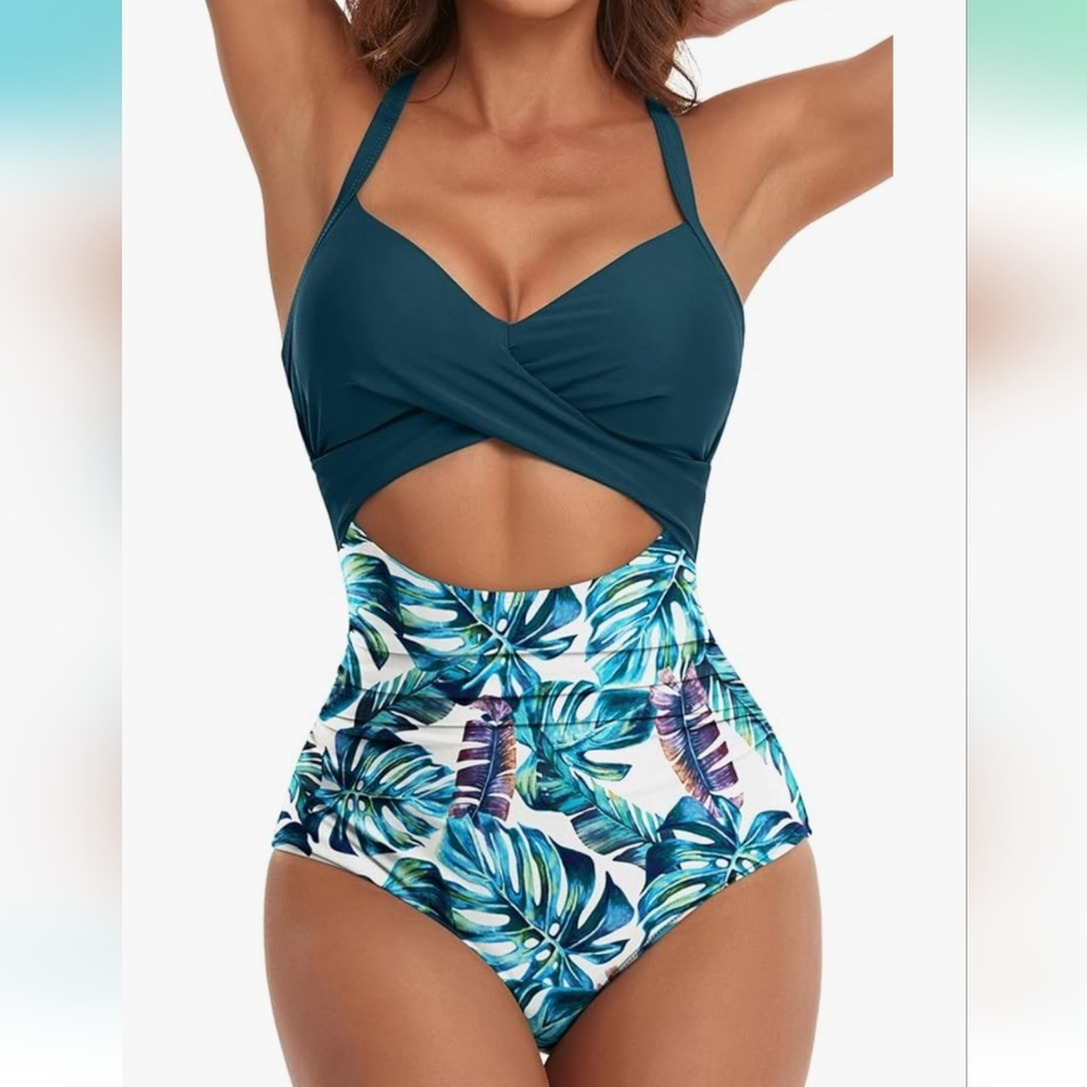 Teal and Leaf Print Women's Swimsuit